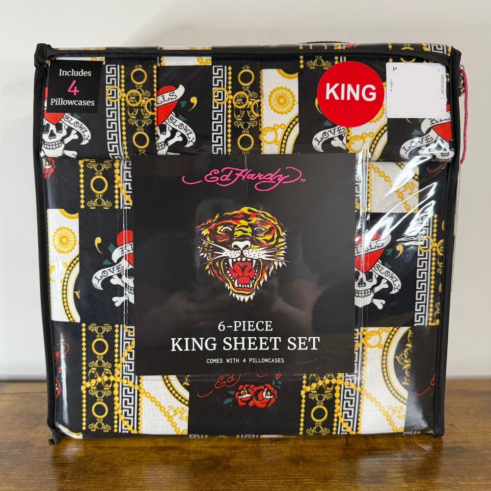 New Ed Hardy King 6 Pc Double Brushed Sheet Set Black White Chains Bedding Y2K